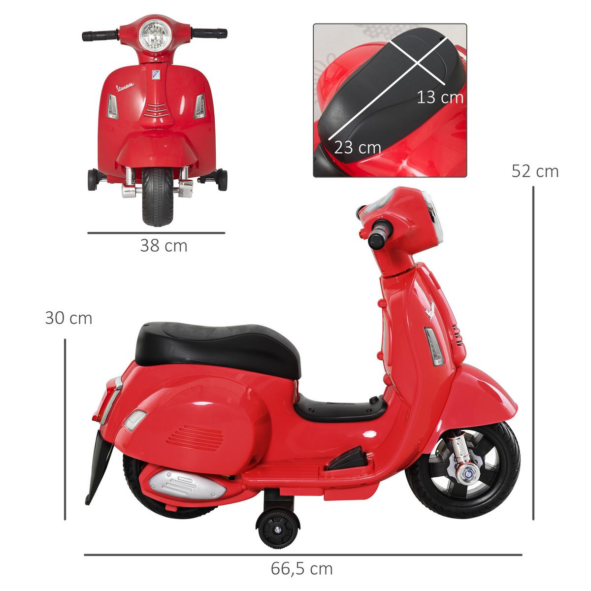 VESPA Elektromotorrad Kindermotorrad Elektrofahrzeuge 1,5 bis 3 Jahren Rot - Rot, Metall (66.5/38/52cm) - HOMCOM