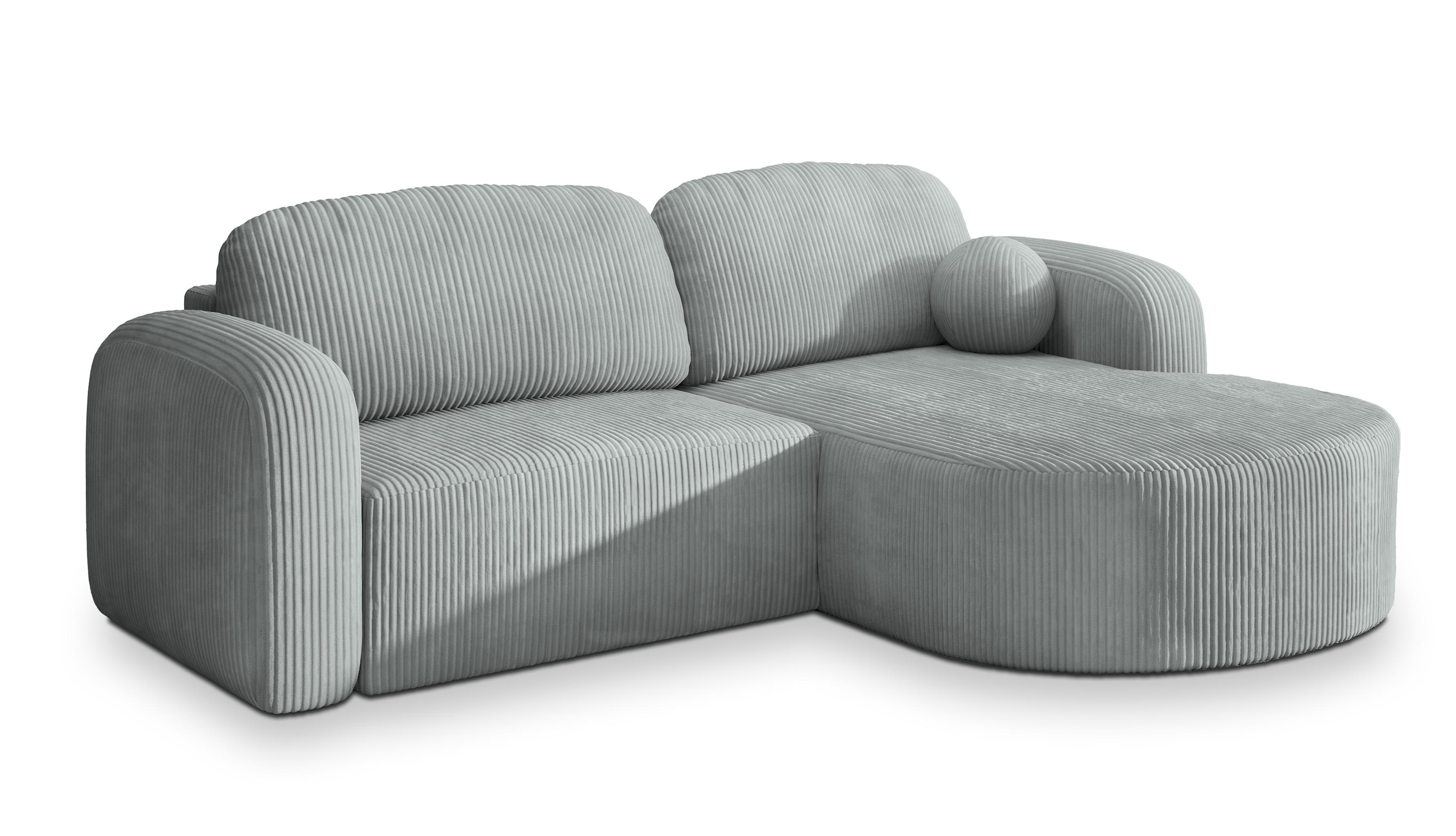 ECKSOFA AMILIA P R-S Hellgrau Kordstoff mit Schlaffunktion - Hellgrau, Holz (263/174cm) - MASSENO