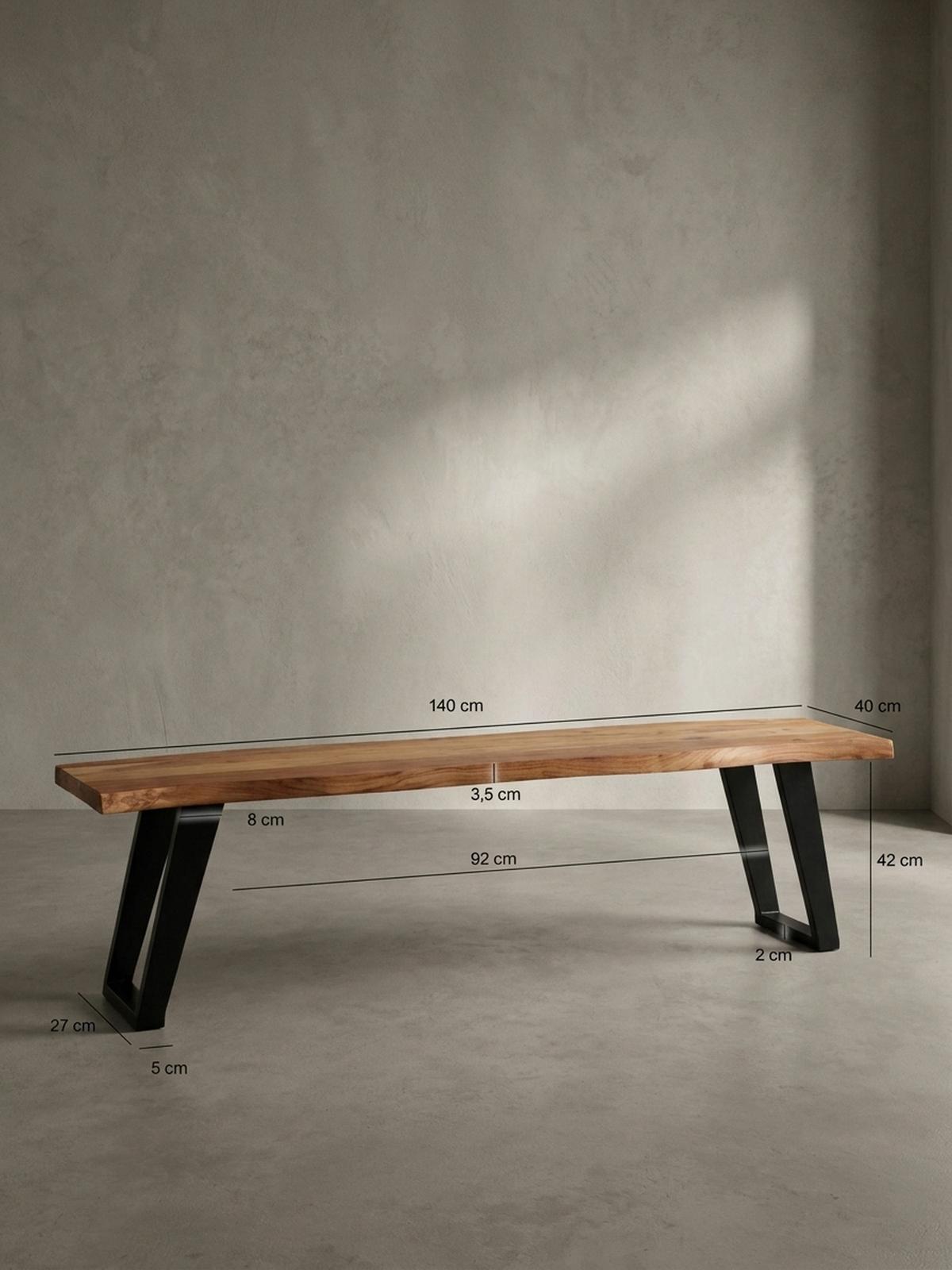 ESSZIMMERBANK Massivholz Metall Baumkante U-Beine, Akazie 140x40x46 cm - Schwarz/Braun, Holz/Metall (140/46/40cm) - KADIMA DESIGN