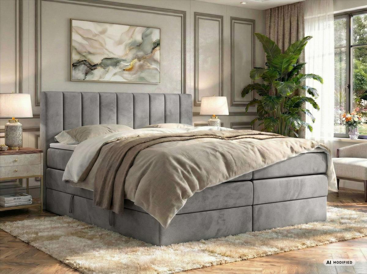 BOXSPRINGBETT ALVER KING 140/200 - Hellgrau Velvet - Topper T25 - H3 - Hellgrau/Schwarz, Kunststoff/Textil (140/200cm) - MKS
