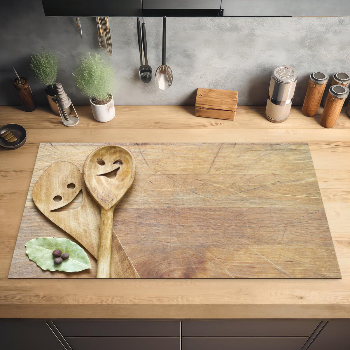 HERDABDECKPLATTE Holz - Löffel - Braun - Smiley Ceranfeldabdeckung 90x52 cm - Hellbraun, Kunststoff (90/52/0.2cm) - MuchoWow
