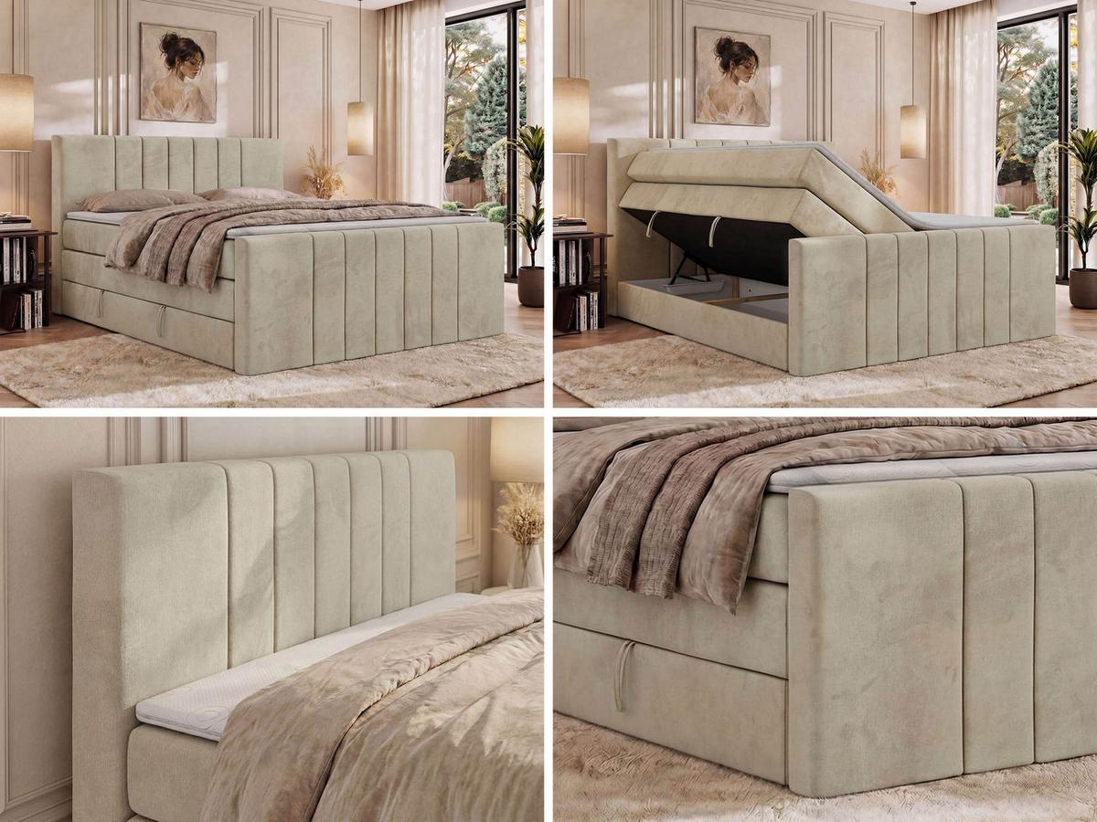 BOXSPRINGBETT INERO DUO KING 200/200 - Beige Velvet - Topper Visco - H3 - Beige/Schwarz, Kunststoff/Textil (200/200cm) - MKS