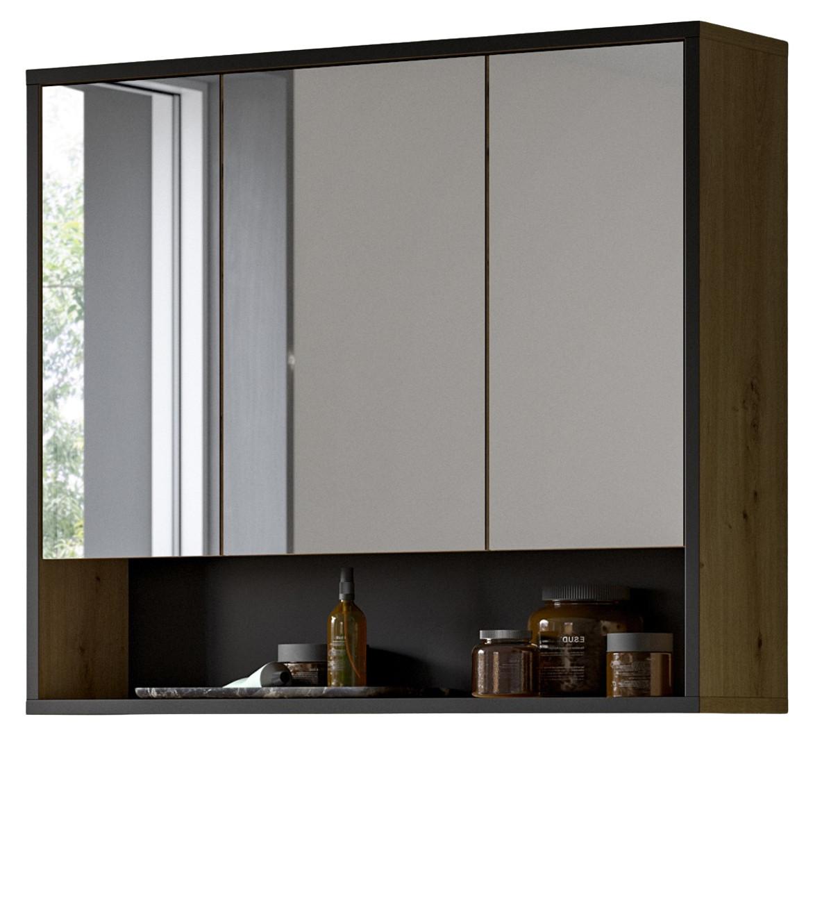 SPIEGELSCHRANK Eiche Artisan, schwarz 3-türig 80 cm, Badschrank mit Soft-Close - Eiche Artisan, Glas/Holzwerkstoff (80/68/19cm) - Inn.Furn