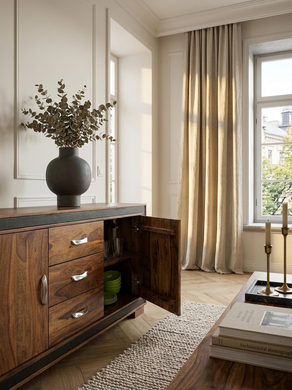 SIDEBOARD – Massivholz, Kunstleder, 160x44x80 cm, rustikal - Braun, Holz (160/80/44cm) - KADIMA DESIGN