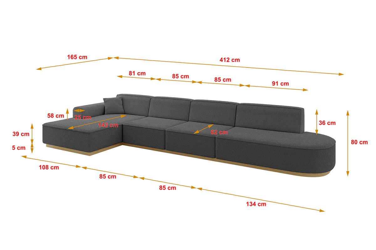 ECKSOFA Ottomane Links IREA-L3-v2 - 412x165x80 cm Grau - Olivgrün, Holzwerkstoff/Textil (412/165cm) - ALTDECOR