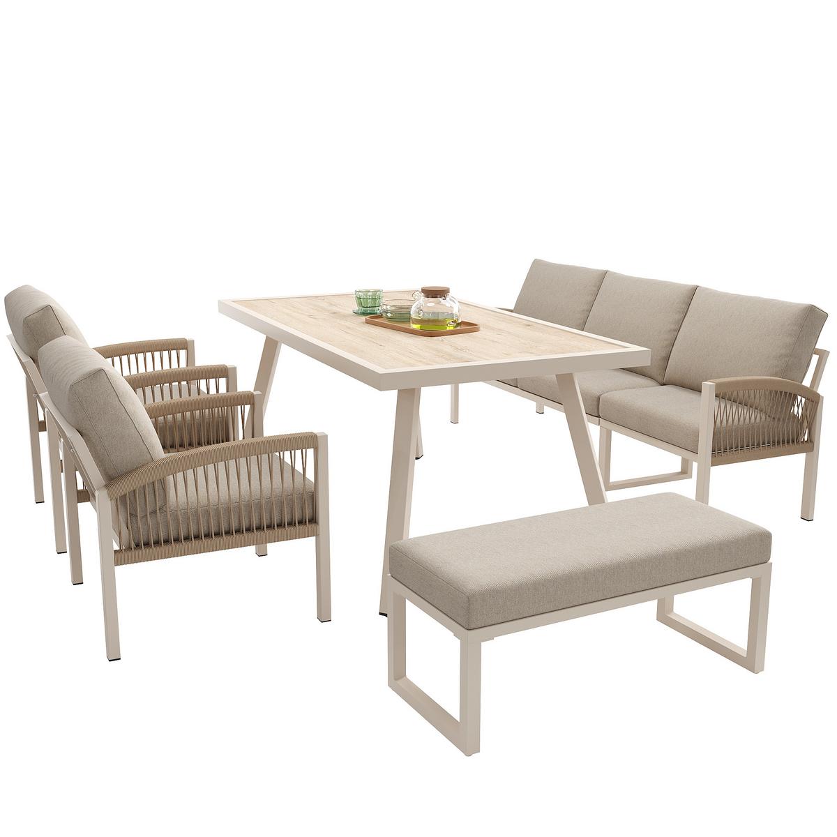 LOUNGEGARNITUR 7-tlg. Eisen Beige Gartensofa mit Tisch, Sesseln & Bank - Beige, Metall - Urban Meuble
