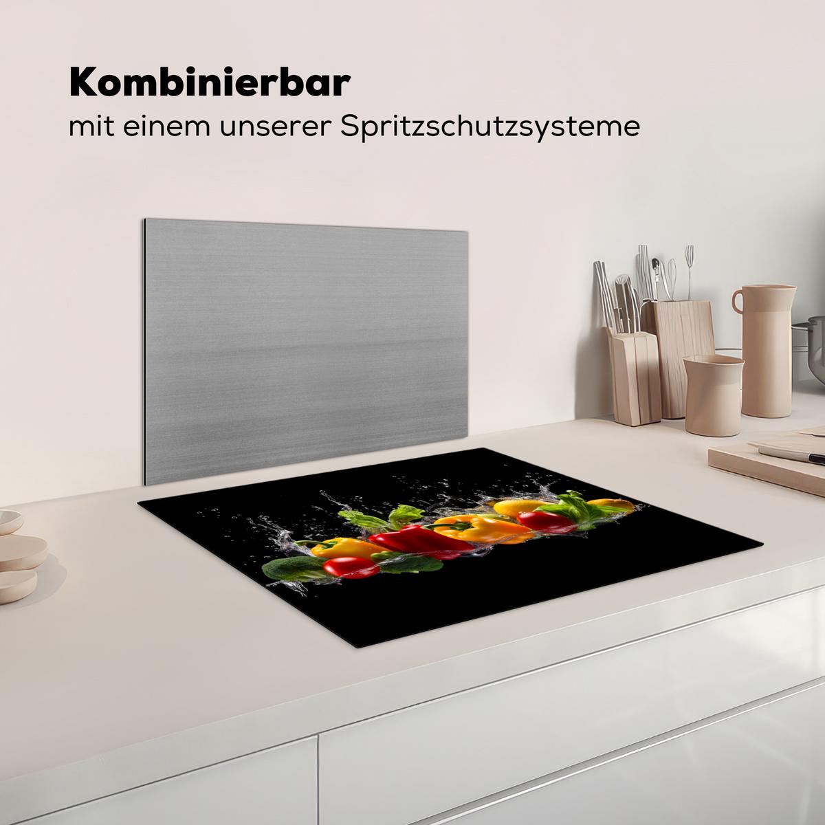 HERDABDECKPLATTE Paprika - Wasser - Gemüse - Schwarz Herdabdeckung Induktionsfeld 65x52 cm - Multicolor, Kunststoff (65/52/0.2cm) - MuchoWow
