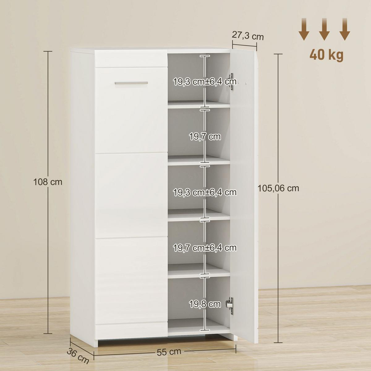 SCHUHSCHRANK Spanplatte Hochglanz-Weiß - Weiß Hochglanz, Holzwerkstoff (36/108/55cm) - HOMCOM