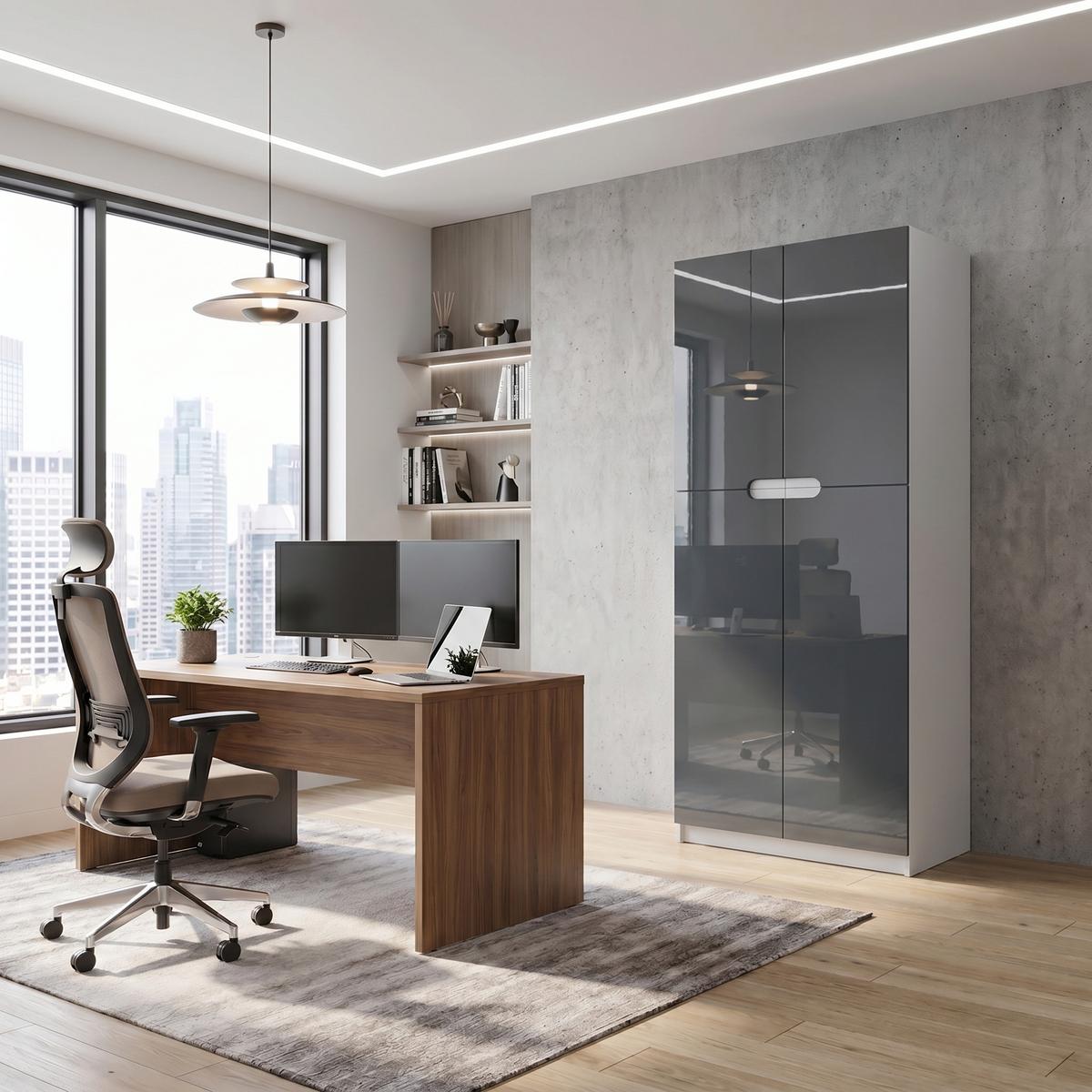 BÜROSCHRANK Logan Fronten in Grau Hochglanz - Grau, Holzwerkstoff (82/184/37cm) - Vladon