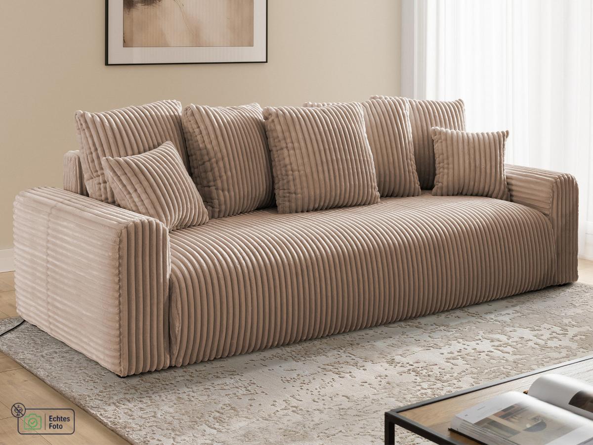 SCHLAFSOFA Calma mit Bettkasten im Bumpy-Design aus weichem Beige Plüschcord - Beige/Schwarz, Holz/Kunststoff (239/88/98cm) - S-Style