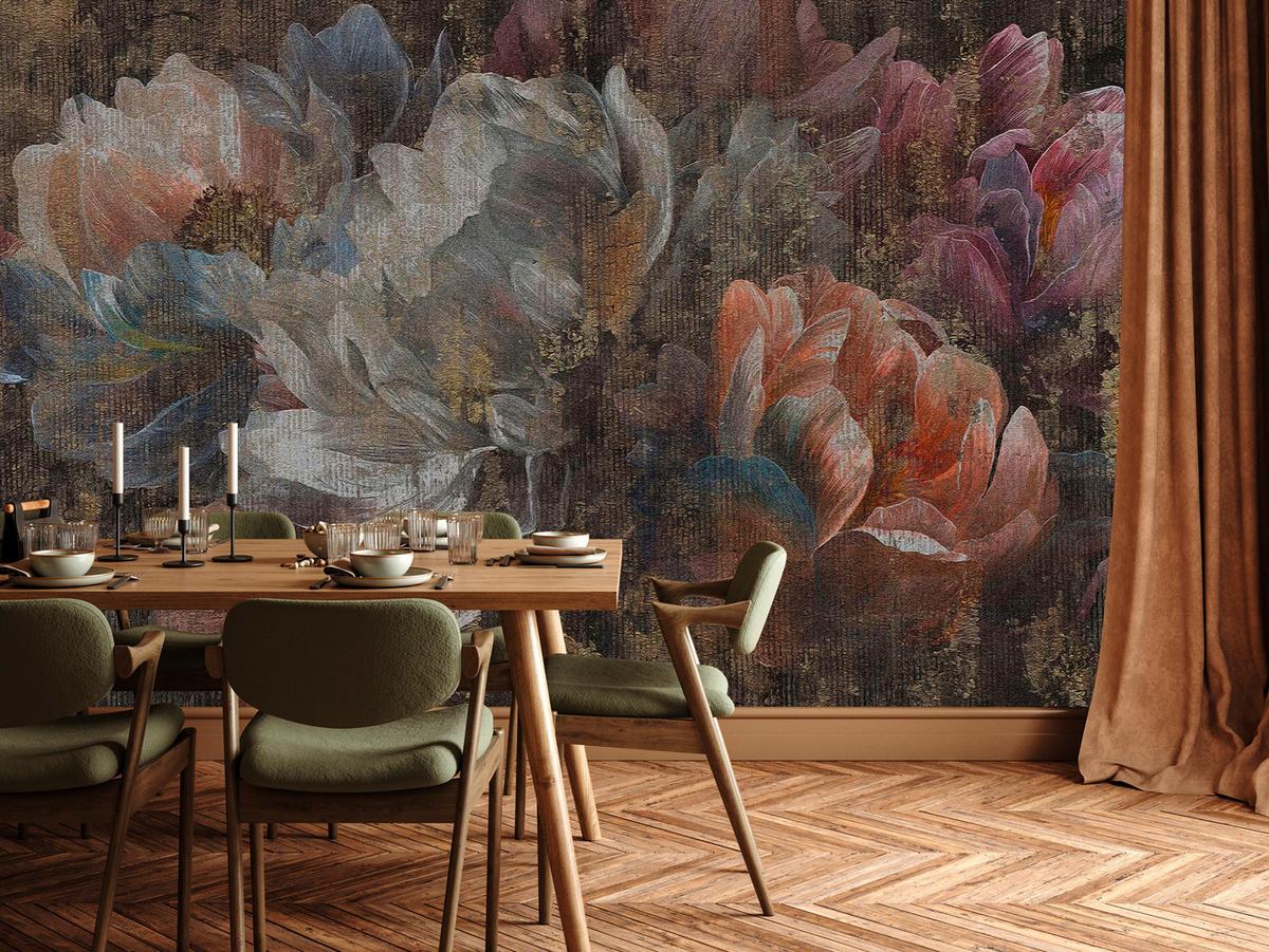 FOTOTAPETE für Esszimmer Gemalte Blumen Abstrakte Pfingstrosen Vintage 200x140 - Multicolor, Papier (200/140cm) - Muralo