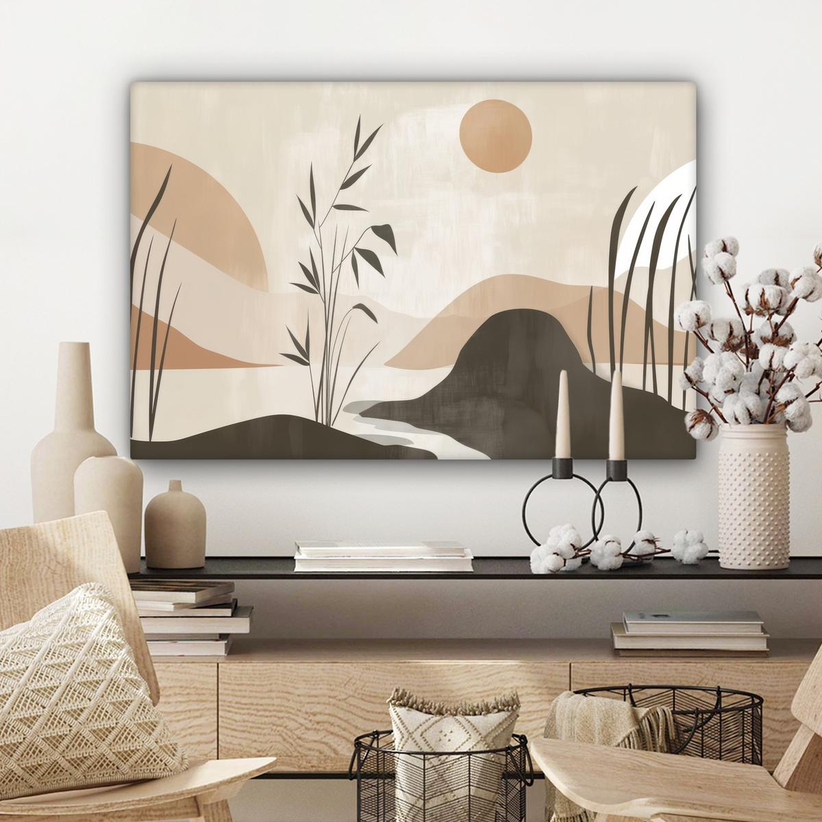 LEINWANDBILD Japandi - Landschaft - Beige Gemälde 60x40 cm - Cognac, Textil (60/40cm) - MuchoWow