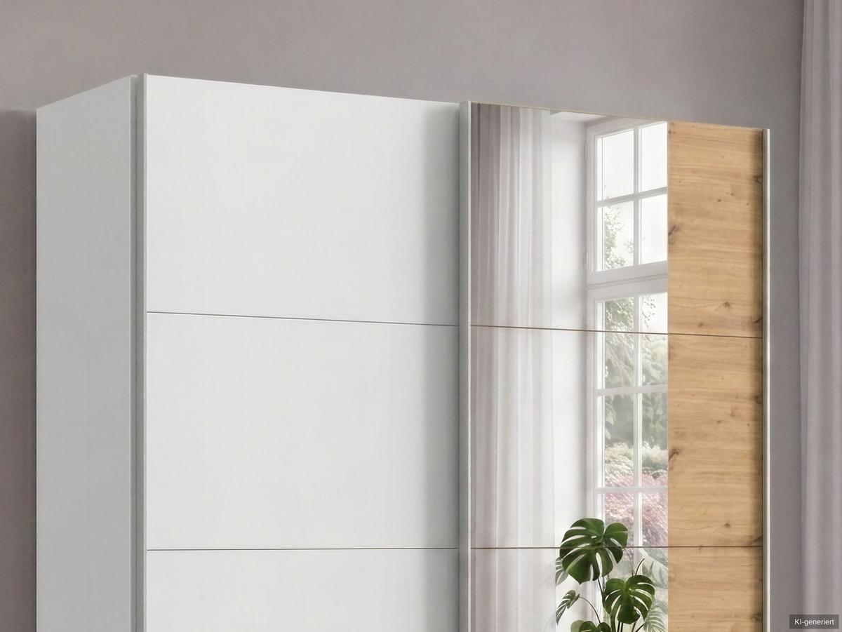 SCHWEBETÜRENSCHRANK 2-türig B135/H198/T65 cm, Kleiderschrank in Weiß mit Spiegel, 1x Tür & sichtbare Schubkästen in Eiche Artisan Dekor / 22676 - Eichefarben/Alufarben, Holz/Holzwerkstoff (135/198/65cm) - luma-home