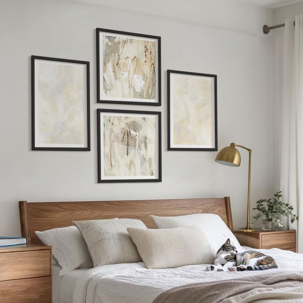 BILDER SET 4er Set - 50x50 cm & 40x60 cm Schwarzer Rahmen - Helles Strukturfarbendesign - Schwarz, Kunststoff (50/50cm) - TULUP