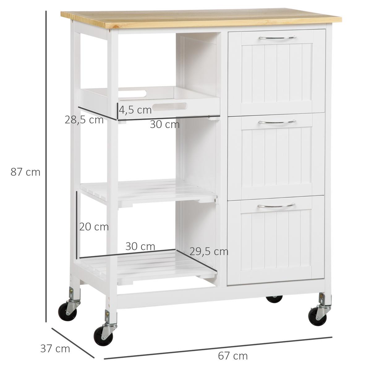 KÜCHENWAGEN, MDF, Kiefernholz, Natur+Weiß - Naturfarben, Kunststoff (37/84/67cm) - HOMCOM