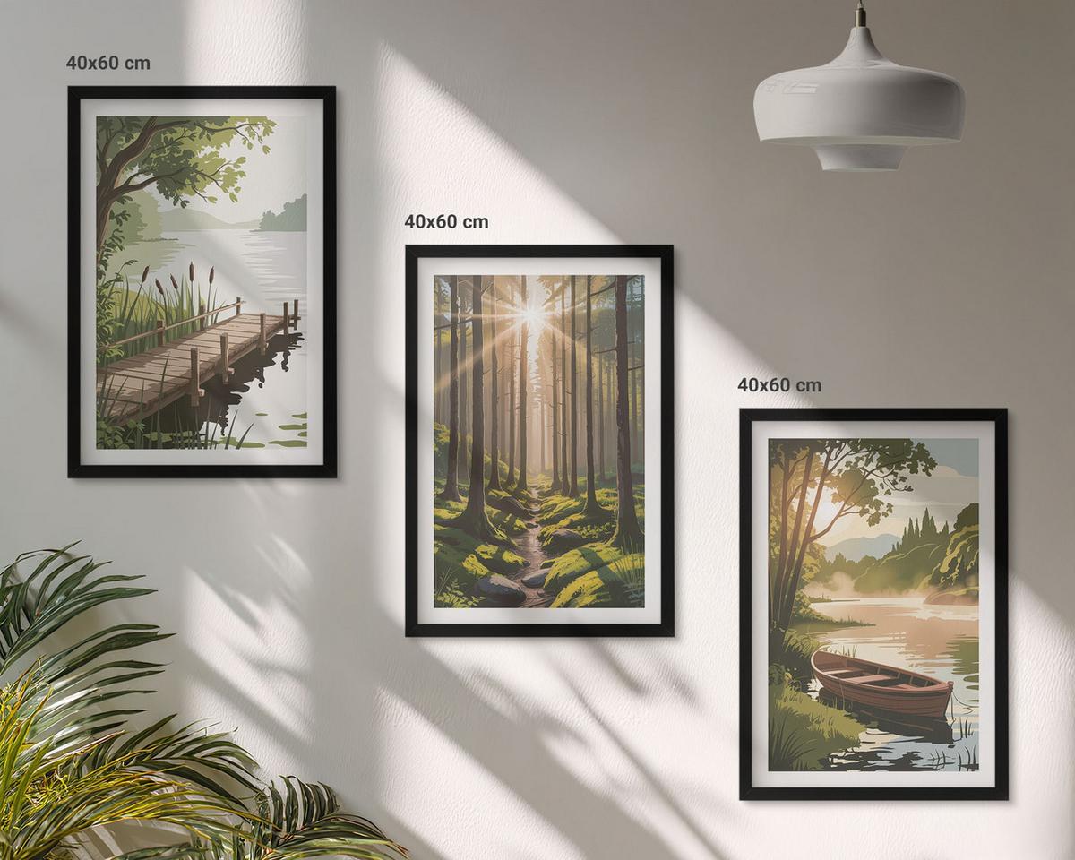 BILDER SET 3er Set - 40x60 cm Schwarzer Rahmen - Landschaft aus Wald, See und Boot - Schwarz, Kunststoff (40/60cm) - TULUP