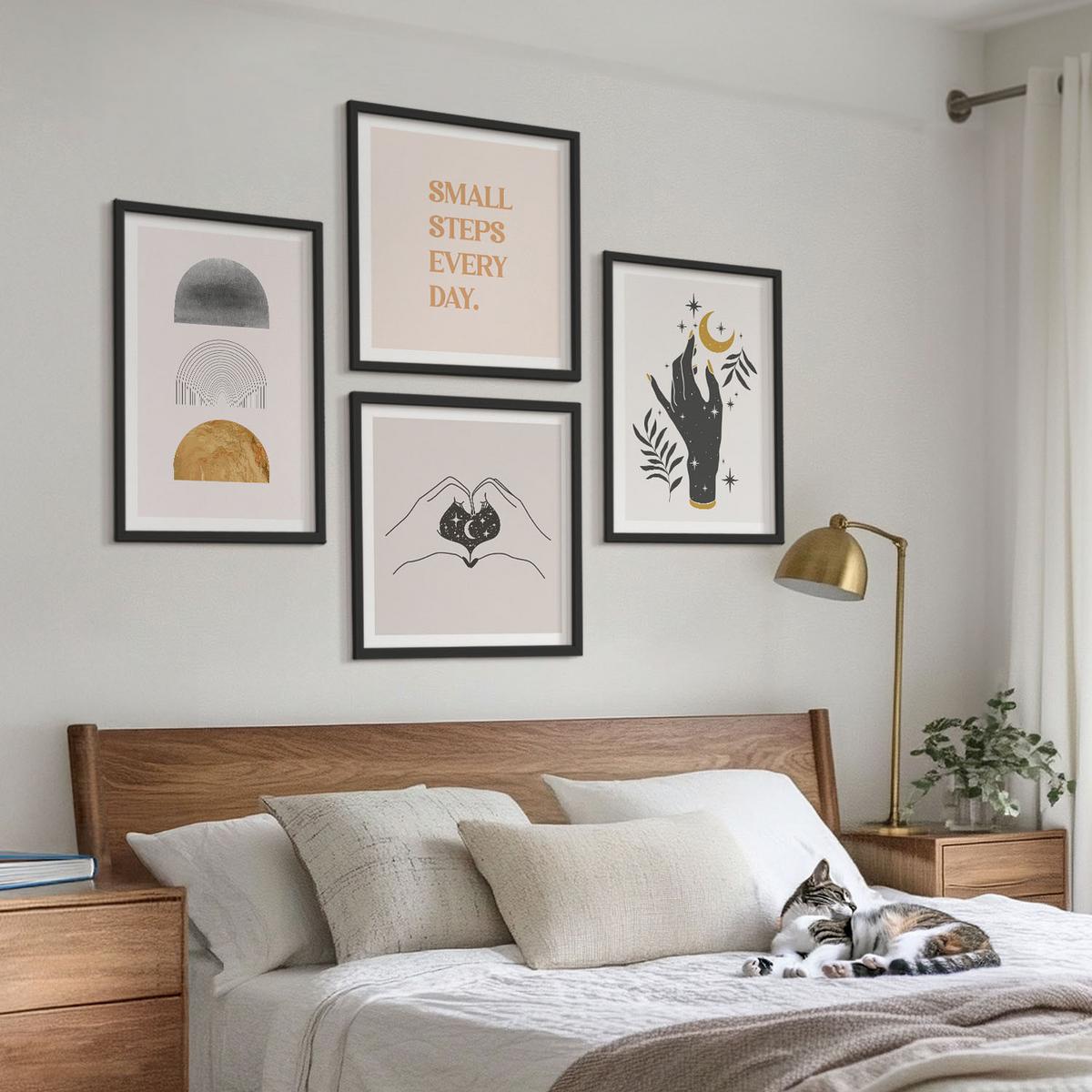 BILDER SET 4er Set - 50x50 cm & 40x60 cm Schwarzer Rahmen - Minimalistische Boho-Illustrationen - Schwarz, Kunststoff (50/50cm) - TULUP