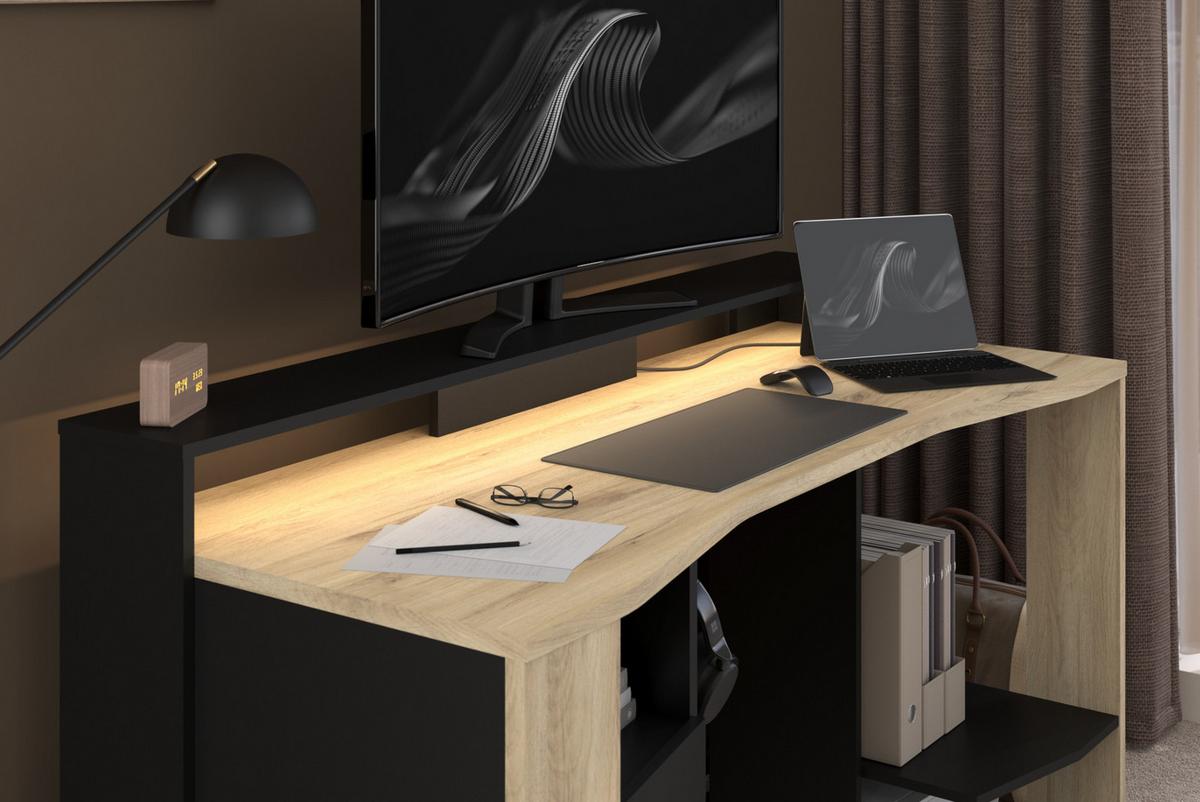 GAMINGTISCH Eiche, schwarz 152 cm, Gamer Schreibtisch inklusive LED mit Farbwechsel - Eichefarben/Schwarz, Holzwerkstoff/Metall (62/152/88cm) - Parisot Meuble