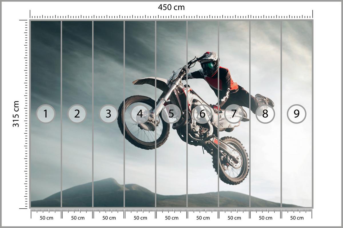 FOTOTAPETE für Jugendzimmer Motocross Sprung Mann Sport Berge Action 450x315 - Grau, Papier (450/315cm) - Muralo