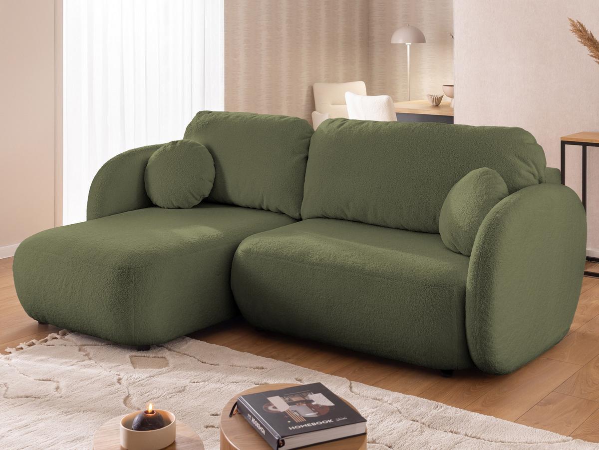 ECKSOFA Candy mit Schlaffunktion Grün Bouclé-Stoff - Ottomane links - Schwarz/Grün, Holz/Kunststoff (230/146cm) - S-Style Möbel