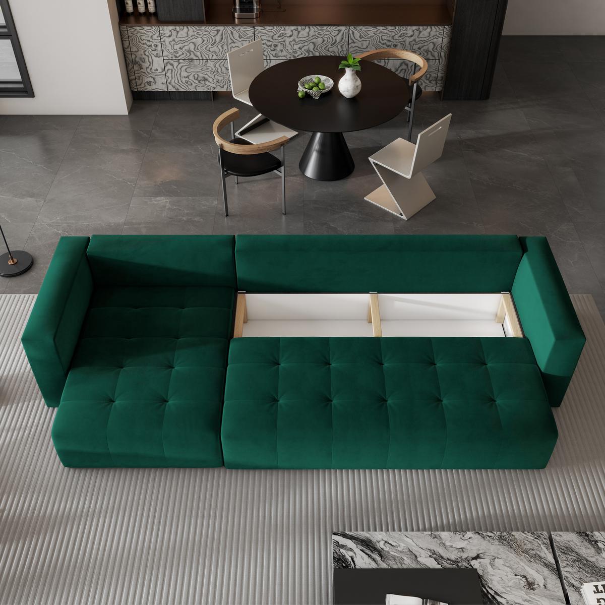 ECKSOFA OLVERA Grün Plüsch-Stoff mit Schlaffunktion - Grün, Holz (347/148cm) - MASSENO