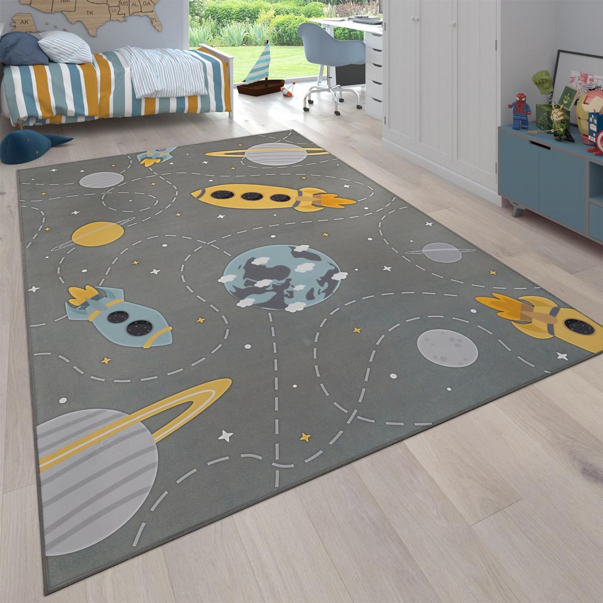 KINDERTEPPICH Waschbar, mit Raketen-Motiv, Grau, 200 x 200 cm - Grau, Textil (200/200cm) - KADIMA DESIGN