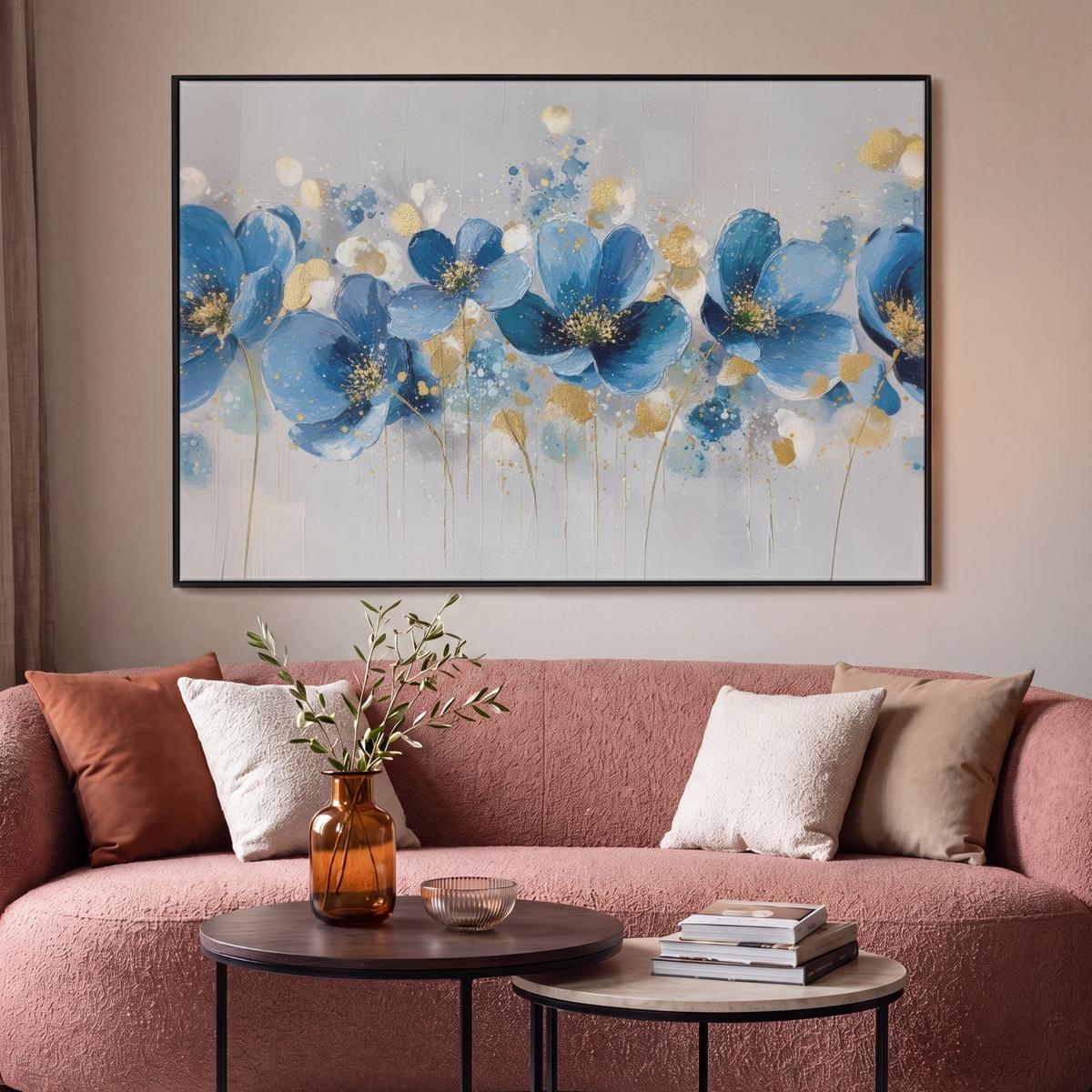 LEINWAND Bilder mit Rahmen - Blumen - Blau - Abstrakt - 150x100 - Hellgrau, Textil (150/100cm) - MuchoWow