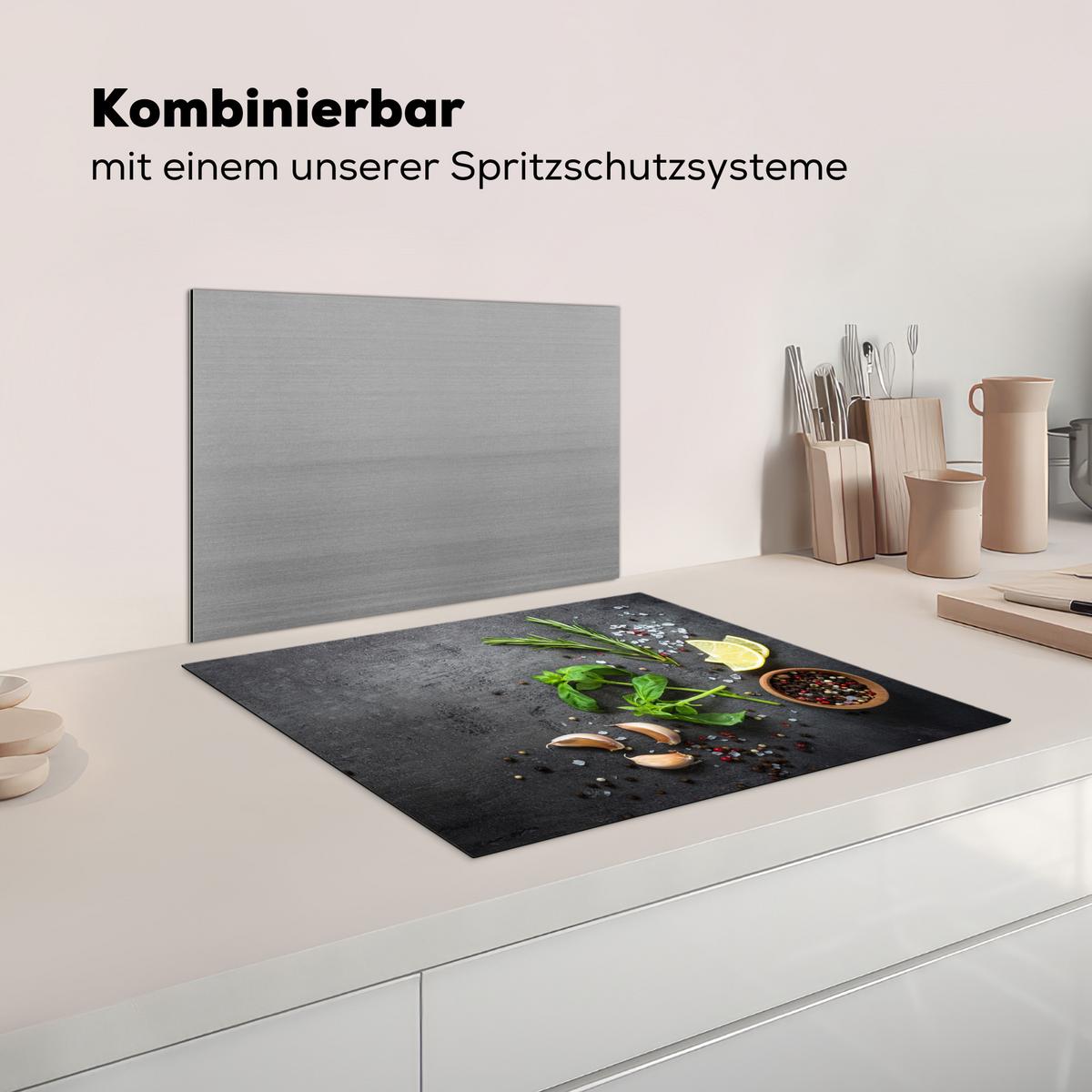 HERDABDECKPLATTE Limette - Kräuter - Gewürze - Grün - Grau - Beton Herdabdeckung Induktionsfeld 65x52 cm - Grün, Kunststoff (65/52/0.2cm) - MuchoWow