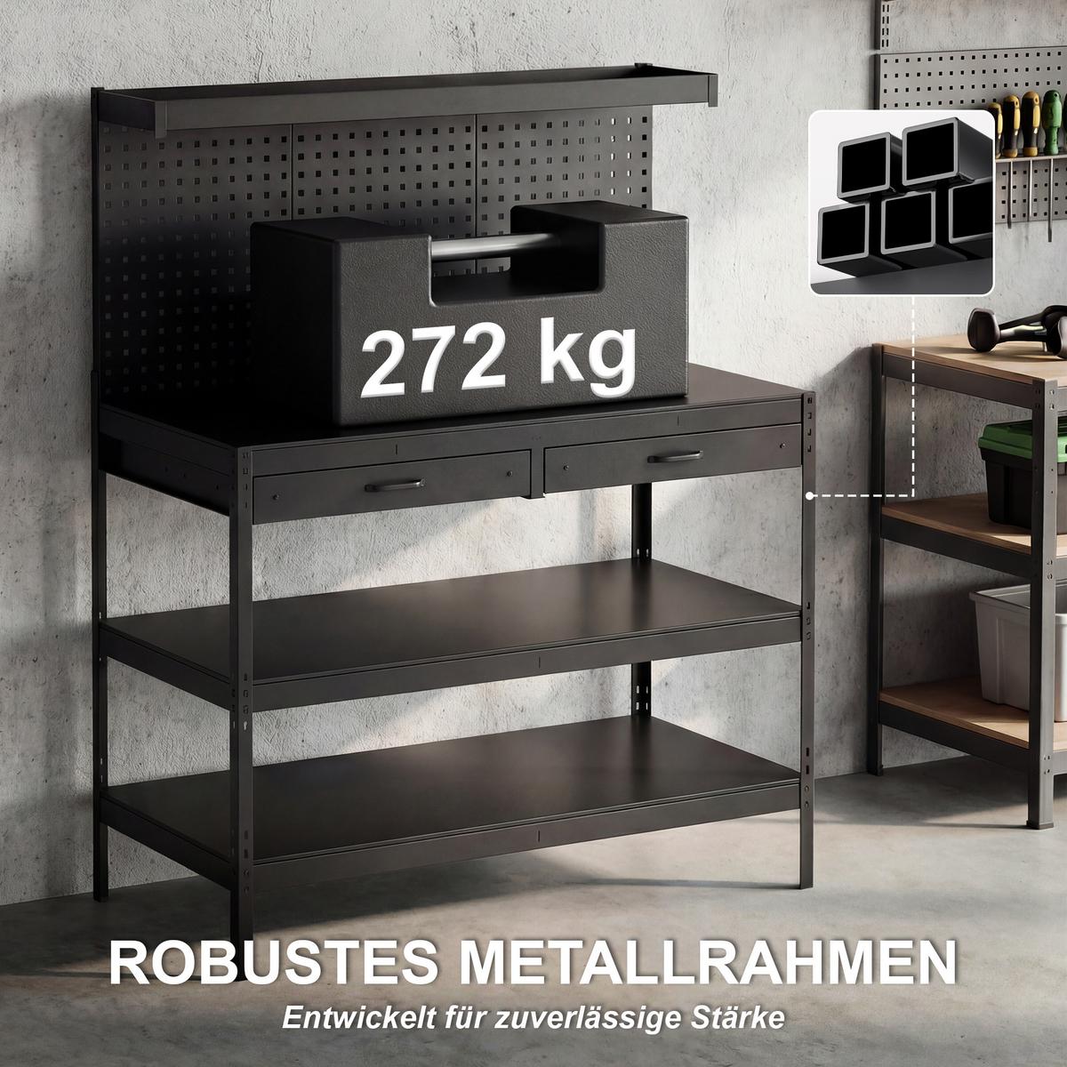 WERKBANK Stahl MDF Schwarz - Schwarz, Metall (61/156/122cm) - HOMCOM