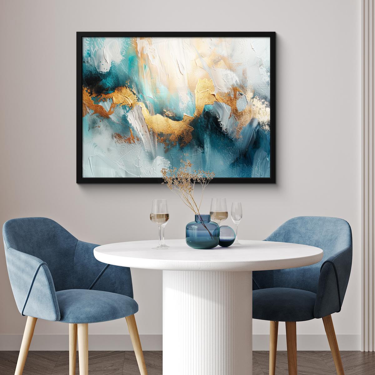 POSTER MIT RAHMENGERAHMTES BILD Abstrakt - Kunst - Gold - Blau 80x60 cm - Petrol, Papier (80/60cm) - MuchoWow