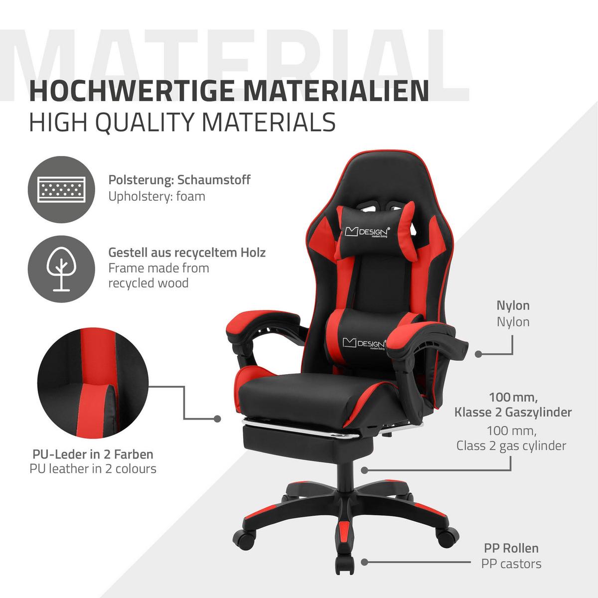 GAMINGSTUHL Schwarz-Rot aus Kunstleder - Rot/Schwarz, Kunststoff/Metall (62/119/62cm) - ML-DESIGN