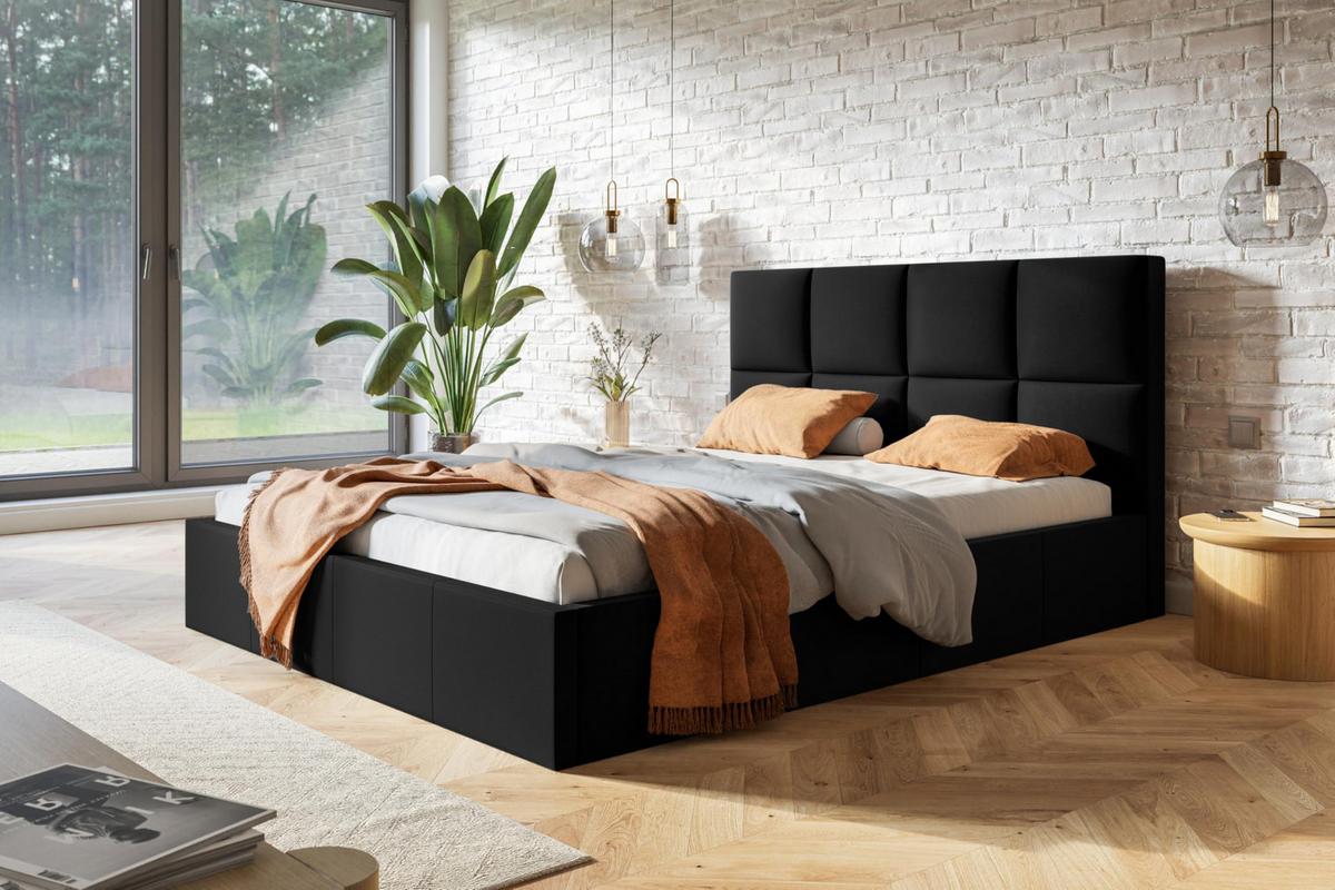 BETT 90x200 - Polsterbett mit Bettkasten und Holzrahmen - Modern Betten - Weicher Jasminstoff - Kollektion Roma, Schwarz - Schwarz, Holz/Textil (90/200cm) - Alpi-Möbel