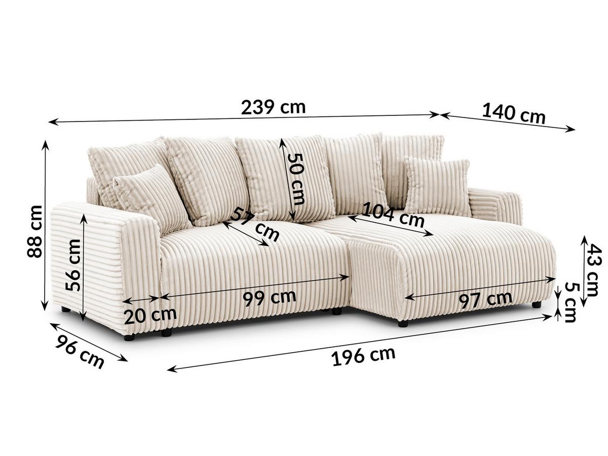 ECKSOFA Calma mit Schlaffunktion und Bettkasten im Bumpy-Design aus weichem Creme Plüschcord - Ottomane rechts - Creme/Schwarz, Holz/Kunststoff (140/239cm) - S-Style