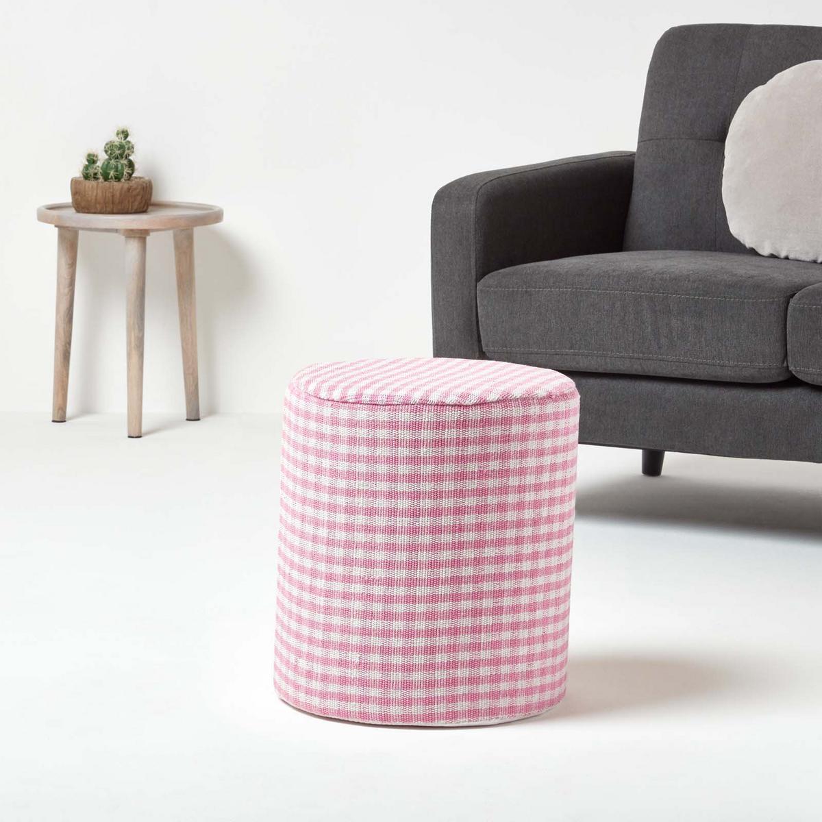 SITZPOUF Vichy-Karo rosa, Hocker rund 40/40/42 cm - Rosa, Textil (40/42/40cm) - Homescapes