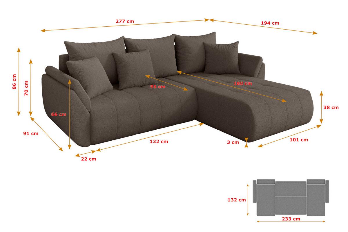 ECKSOFA mit Schlaffunktion Ottomane Rechts TOKO-L 277x194x86 Braun Bouclé - Schwarz/Braun, Holzwerkstoff/Kunststoff (277/194cm) - ALTDECOR