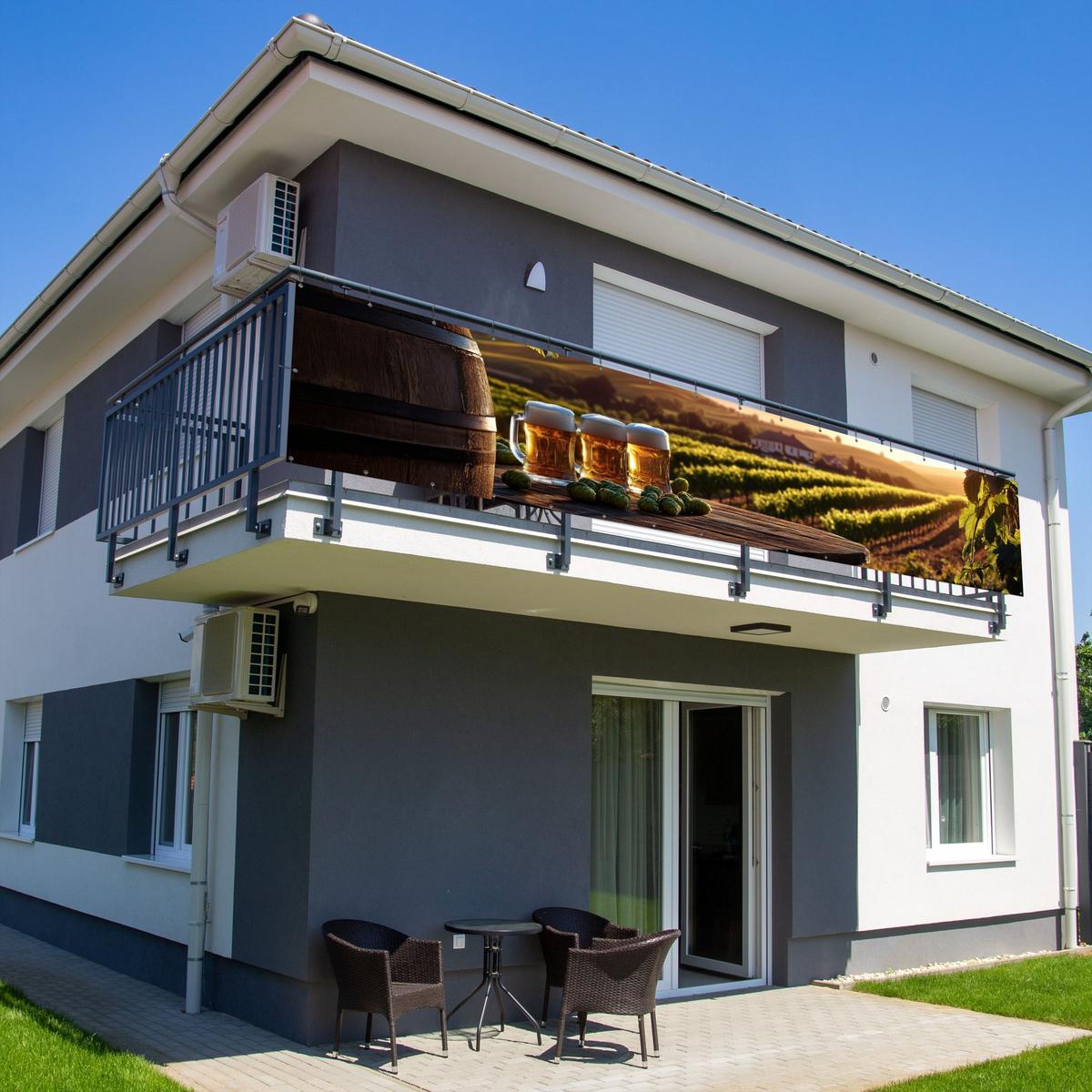 BALKON-SICHTSCHUTZ Bier - Hopfen - Landschaft Deko XXL 500x100 cm - Grün, Kunststoff (500/100cm) - MuchoWow