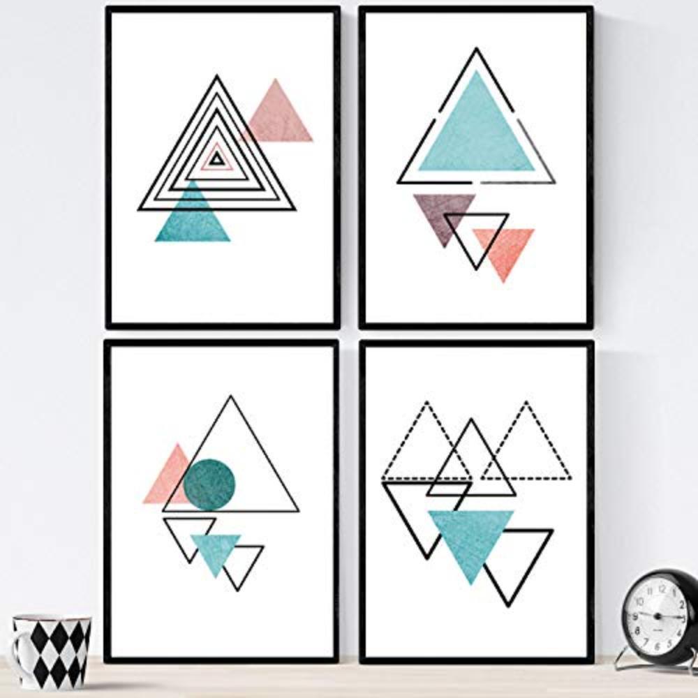 POSTER Set mit 4 Geometrische Nordischer Dreiecken im Pastelltönen A4 Schwarzer Rahmen - Schwarz, Papier (29.7/3cm) - Nacnic