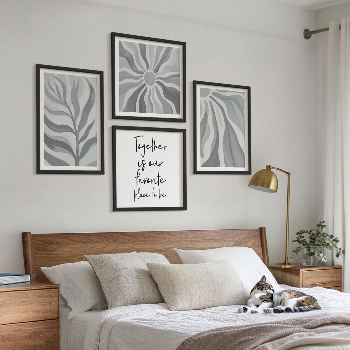BILDER SET 4er Set - 50x50 cm & 40x60 cm Schwarzer Rahmen - Illustrationen mit floralen Pastellmustern - Schwarz, Kunststoff (50/50cm) - TULUP