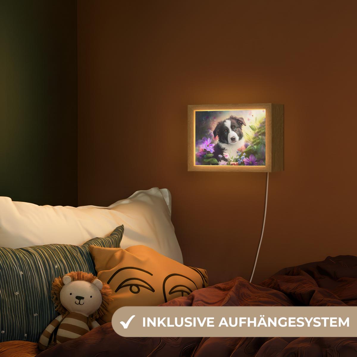 NACHTTISCHLAMPE Welpe - Sonne - Blumen - Natur - Border Collie - Hund 20x15 cm - Violett, Holzwerkstoff (8/20/15cm) - OnlyWow