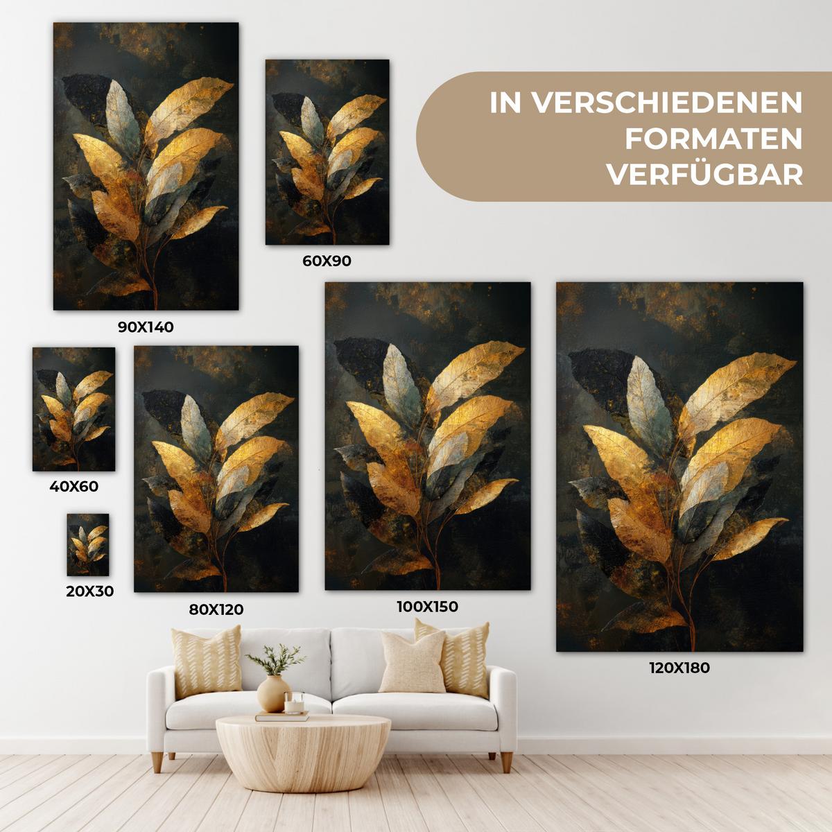 LEINWANDBILD Golden Leaf Komposition - Botanical Luxury Deko Groß 90x140 cm - Goldfarben/Schwarz, Textil (90/140cm) - MuchoWow