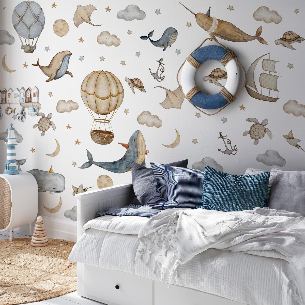 WANDSTICKER SET Wale Schildkröten Wolken Luftballons Sterne 60x30 - Beige/Braun, Papier (60/30/1cm) - Muralo