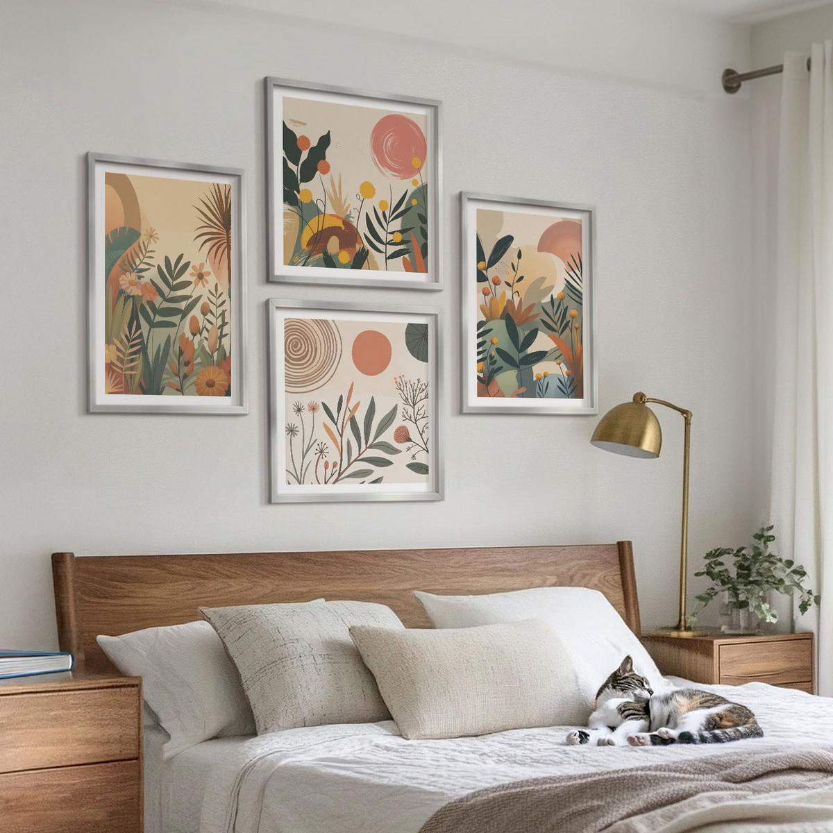 BILDER SET 4er Set - 50x50 cm & 40x60 cm Silberner Rahmen - Pflanzenmotive in Farben - Silberfarben, Kunststoff (50/50cm) - TULUP