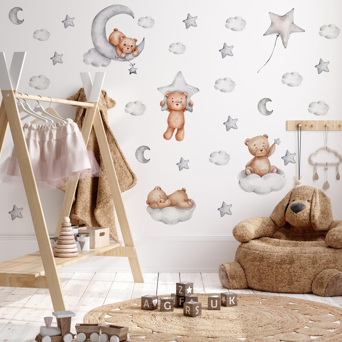 WANDSTICKER SET Teddybären Wolken Sterne Monde 60x30 - Beige/Braun, Papier (60/30/1cm) - Muralo