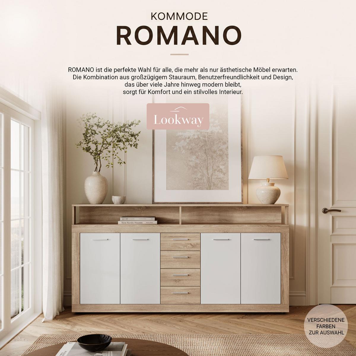KOMMODE ROMANO mit Schubladen - Weiß/Sonoma Eiche, Holzwerkstoff (190/96/32cm) - Lookway