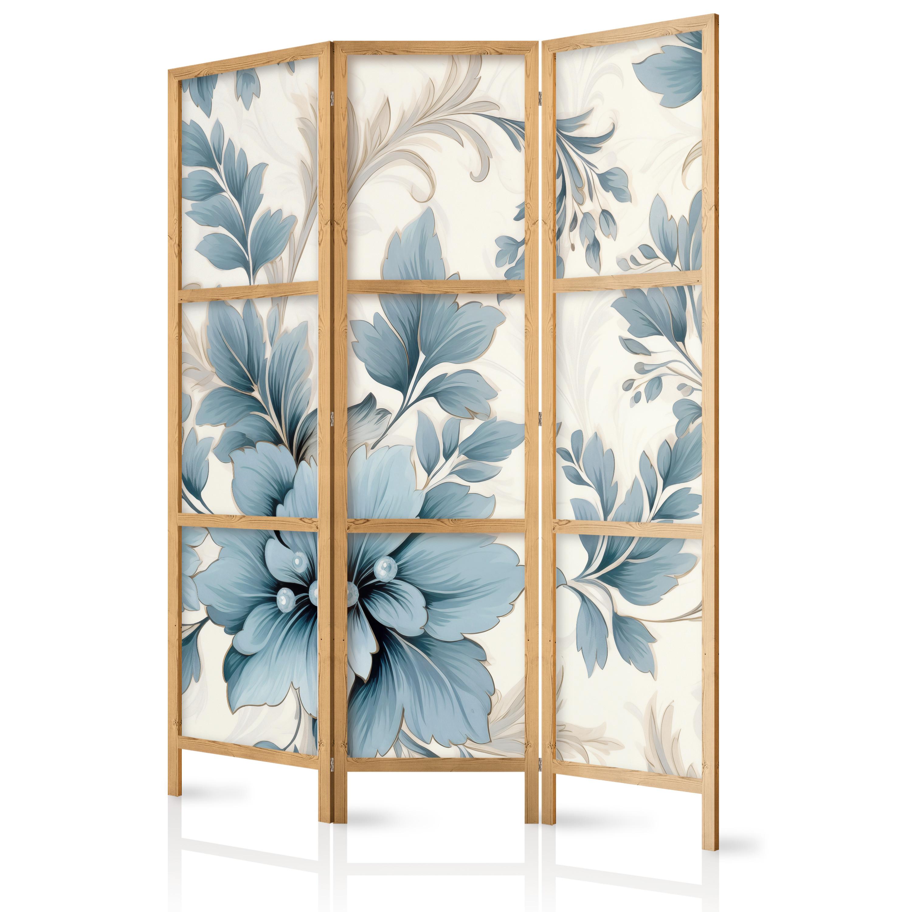 PARAVENT Japanischer 3-tlg 135x172 cm Pflanzen Ornamente - Blau, Holz/Textil (135/172/3cm) - Muralo
