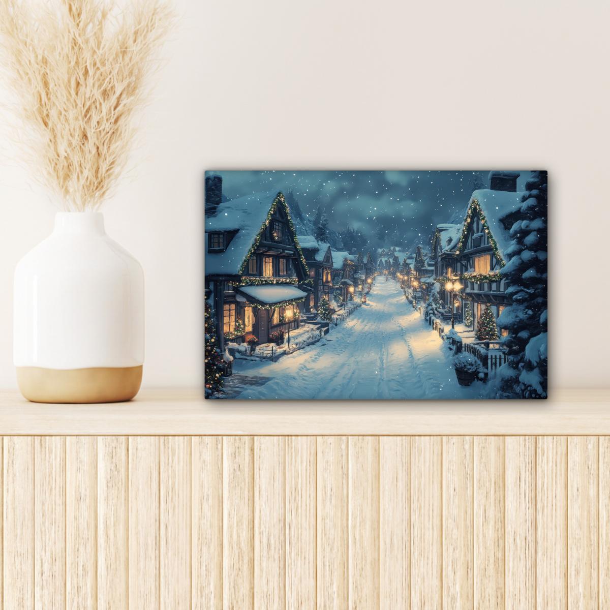 LEINWANDBILD Weihnachtsdorf - Weihnachten - Schnee - Winter Deko Schlafzimmer 30x20 cm - Dunkelblau, Textil (30/20cm) - MuchoWow