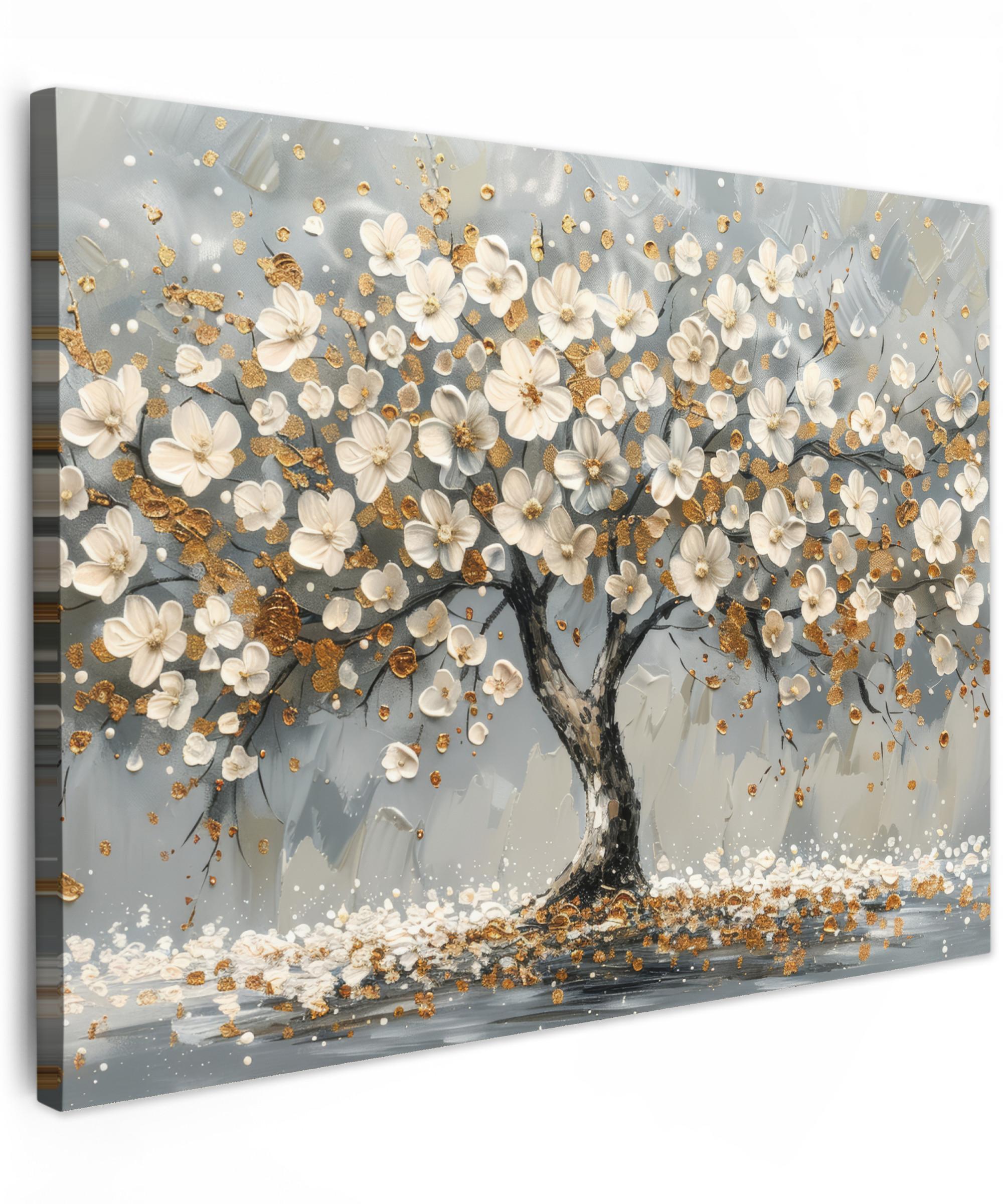 LEINWANDBILD Baum - Blumen - Weiß - Natur - Kunst Wandbild 40x30 cm - Weiß, Textil (40/30cm) - MuchoWow