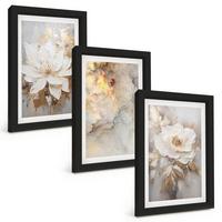 BILDER SET 3er Set - 20x30 cm Schwarzer Rahmen - Blumen heller abstrakter Hintergrund - Schwarz, Kunststoff (20/30cm) - TULUP