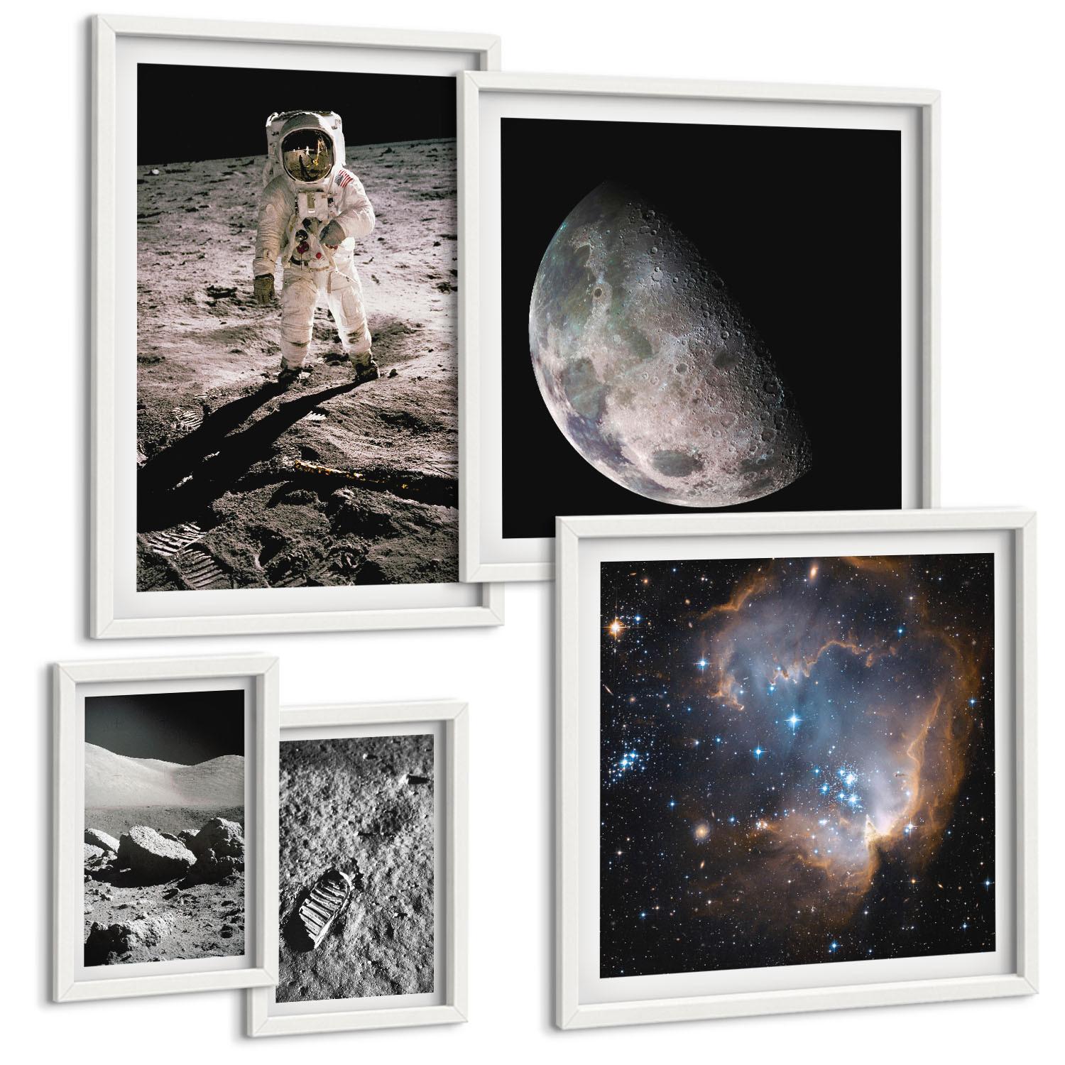 BILDER SET 5er Set - 50x50 cm & 20x30 cm & 40x60 cm Weißer Rahmen - Astronautenfoto vom Mond - Weiß, Kunststoff (40/60cm) - TULUP
