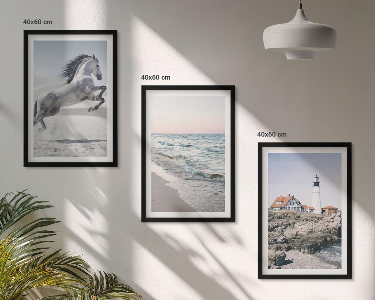 BILDER SET 3er Set - 40x60 cm Schwarzer Rahmen - Pferde, Strand, Leuchtturm, Wellen - Schwarz, Kunststoff (40/60cm) - TULUP